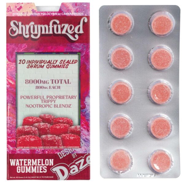 A package of Shrumfuzed Amanita Nootropic Mushroom Gummies 10 Piece watermelon gummy bears.