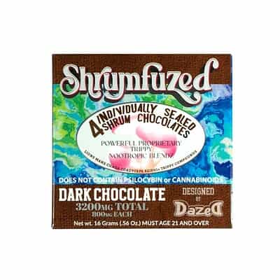 A dark chocolate bar with a label on it, infused with Shrumfuzed Nootropic Mushroom Gummies 4 Piece.