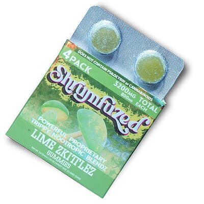 A package of CBD capsules and Shrumfuzed Nootropic Trippy Psychedelic Mushroom Gummies 4 Piece.
