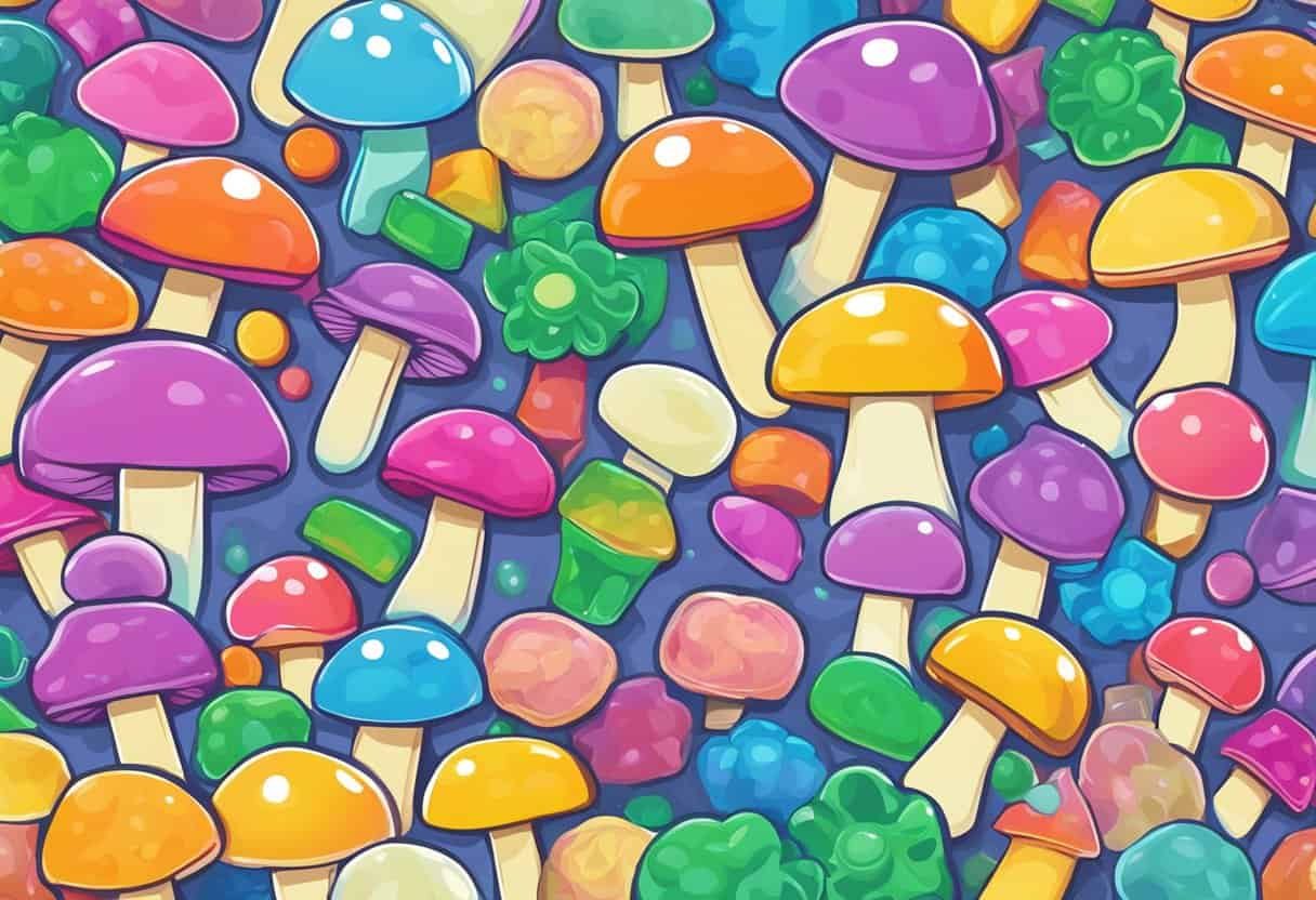 Colorful mushrooms on a blue background with Shrumfuzed Coupon Codes.