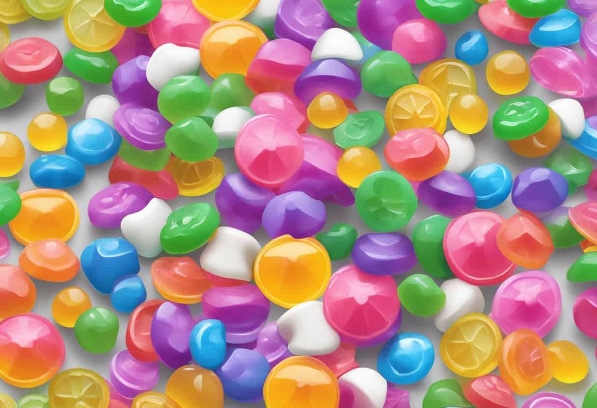 A pile of colorful candy resembling a mushroom on a white background.
